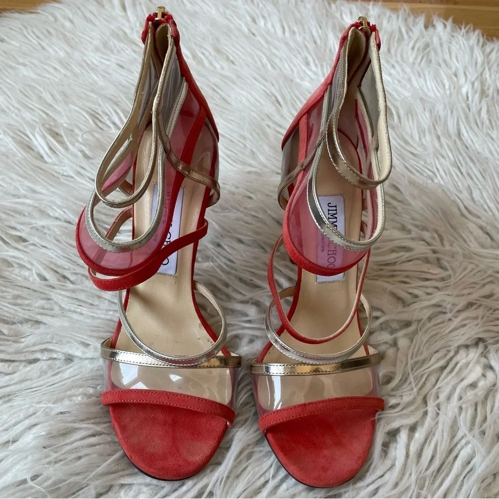 Jimmy Choo Red Multicolor Suede PVC Perspex Mai Tai Heeled Open Toe Sandals 36.5